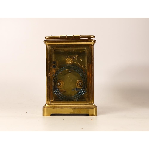 727 - 19th century brass carriage clock, in original leather travelling case, with keys and spare platform... 