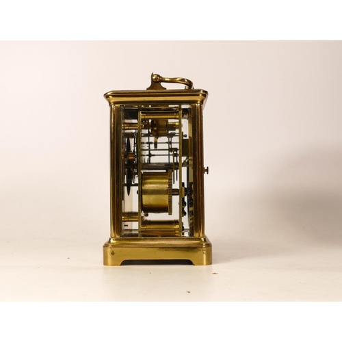 727 - 19th century brass carriage clock, in original leather travelling case, with keys and spare platform... 