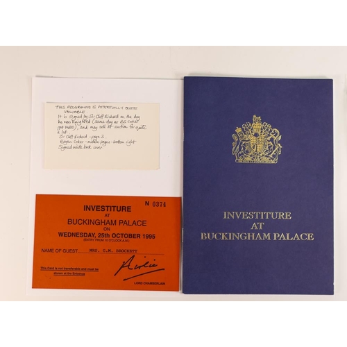 744 - Programme for Investiture at Buckingham Palace, Sir Cliff Richard signed programme on day he was kni... 