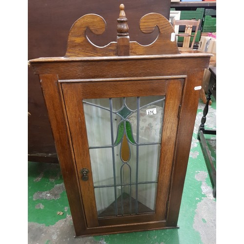 696 - Oak stained glass wall hanging corner cabinet 60cm W