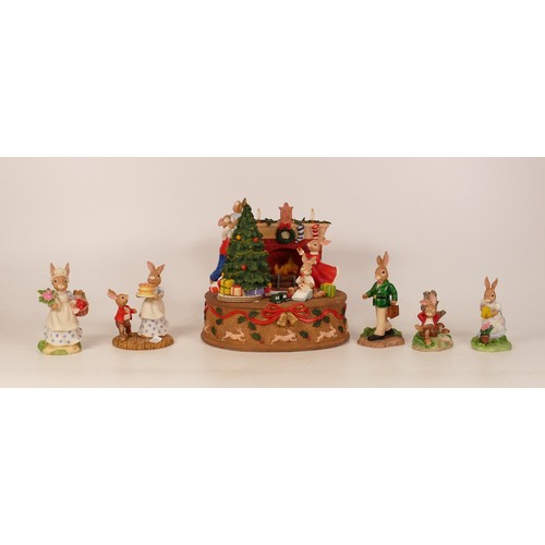 337 - Royal Doulton Happy Christmas musical tableau together with Father DBR8, Mrs Bunnykins DBR7, Mrs Bun... 