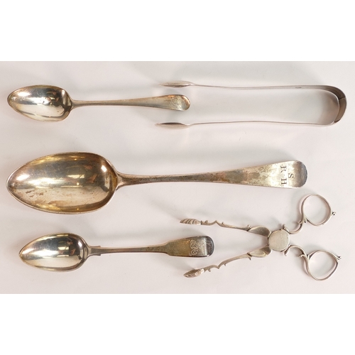 717 - Five pieces of Georgian silver including sugar tongs, sugar nips, large serving spoon (probably Hest... 