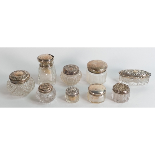 632 - Nine x silver topped antique cut glass jars, some denting to most (9)