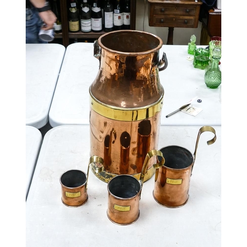 481 - Brass Bound Copper Milk Pail & Copper Measures, tallest 42cm(4)