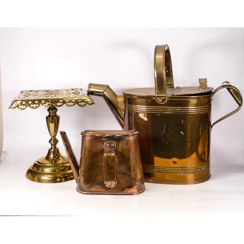 482 - Brass Large Kettle Stand, later Brass Watering Can & Un Usual Flat Backed Kettle, tallest 47cm(3)