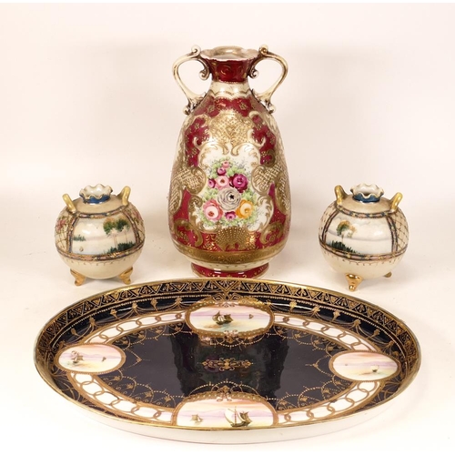 112 - Noritake & similar Floral & Gilt decorated platter & handled vases, largest 23cm(4)