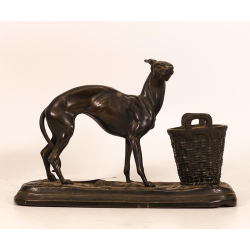 535 - Continental patinated spelter Greyhound With Basket Vesta Stand, length 15cm