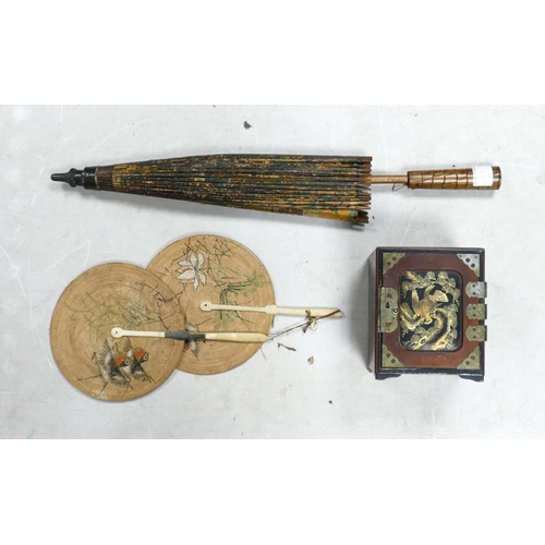 548 - A collection of Vintage Oriental Items to include fans, parasol & Lacquered Box ( Missing Handle)