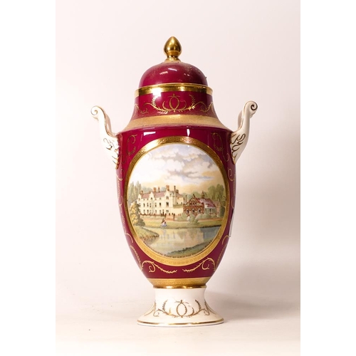 96 - Coalport porcelain twin handled vase and cover with circular scene `Sandringham The Seat of H.R.H. T... 