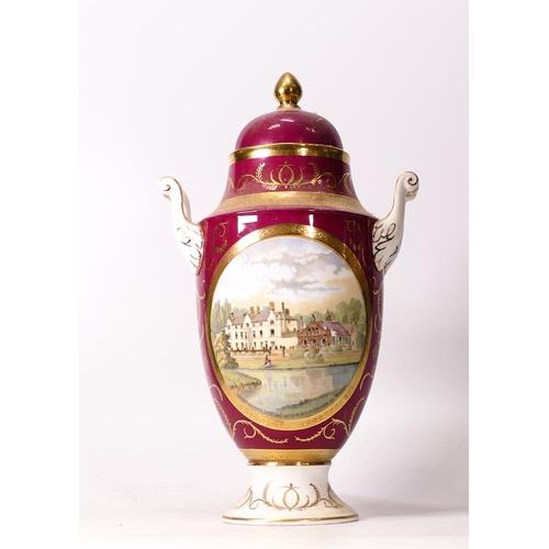 96 - Coalport porcelain twin handled vase and cover with circular scene `Sandringham The Seat of H.R.H. T... 