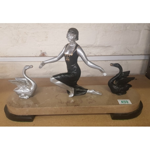 459 - Art deco mantle centre piece of a lady and two swans on marble base (over painted)