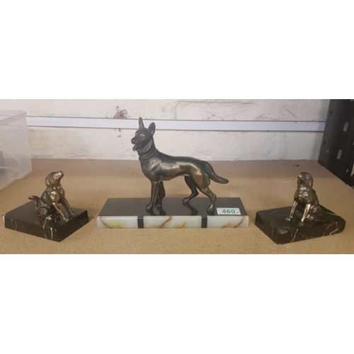 460 - A group of 3 Spelter dog figures on marble bases