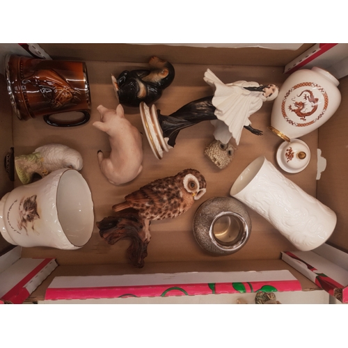 466 - A mixed collection of ceramic items to include Anysley pig and baby owl figures,  Carltonware Temple... 