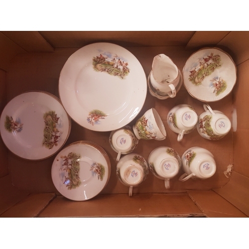 486 - Jubilee china tea and coffee ware in a hunting theme pattern to include 6 side plates, 6 tea saucers... 