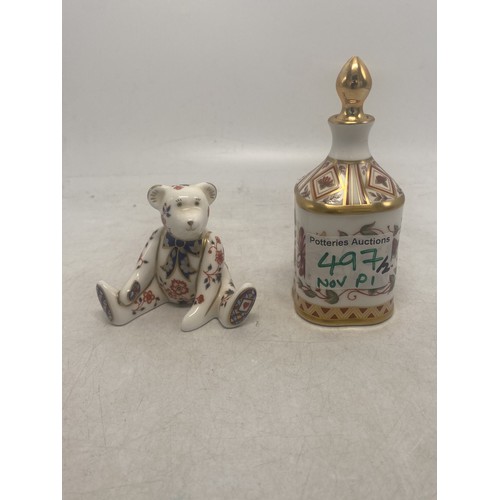 497 - Royal Crown Derby Honeysuckle pattern perfume bottle 11.5cm in height with small bear paperweight (n... 