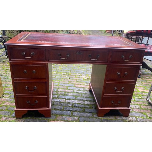 637 - Vintage Mahogany Red Leather Topped Pedestal Writing Desk 122cm W