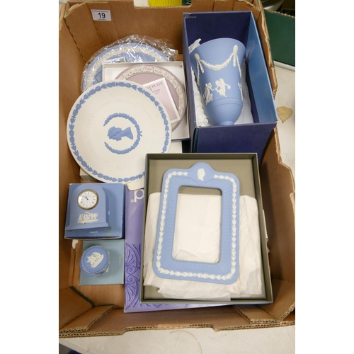 19 - Boxed Wedgwood Jasperware items to include Large Dancing Hours Vase, Picture Frame, Mantle Clock, Co... 