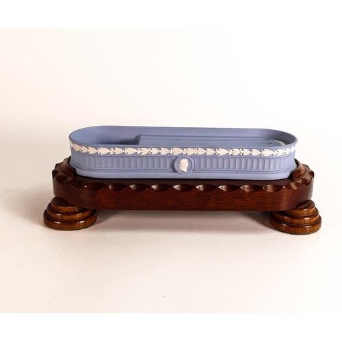 3 - Wedgwood Pen Tray / Desk Tidy on wooden plinth, length of base 31cm