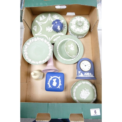 6 - A collection of Multi Coloured Wedgwood Jasperware  including Sage Green Plate, Lidded Boxes, Pink D... 