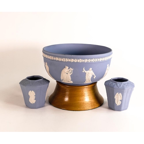 7 - Wedgwood Blue Jasperware Large Fruit Bowl on wooden plinth & two smaller vases, diameter of largest ... 