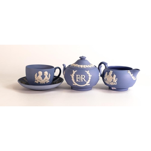 8 - Wedgwood Blue Jasperware Royal Commemorative Milk Jug, Sugar Bowl & Cup / Saucer set(3)