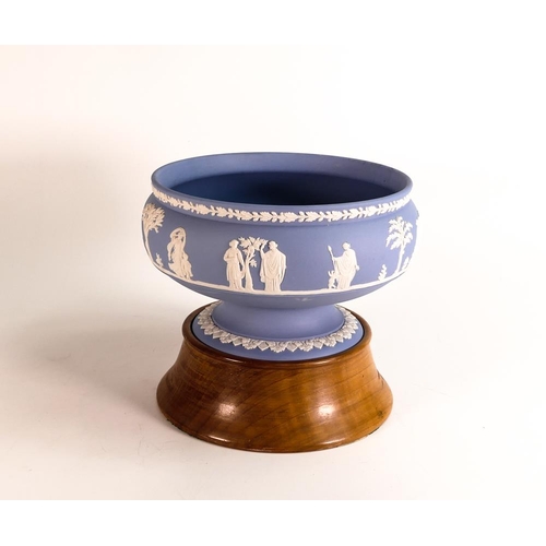 9 - Wedgwood Blue Jasperware Footed Bowl on Wooden Plinth, diameter 21cm