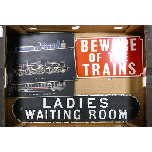 533T - A Collection of Railway Signs and Plaques to include Tine Enamel Beware The Train Sign, Plastic Ladi... 