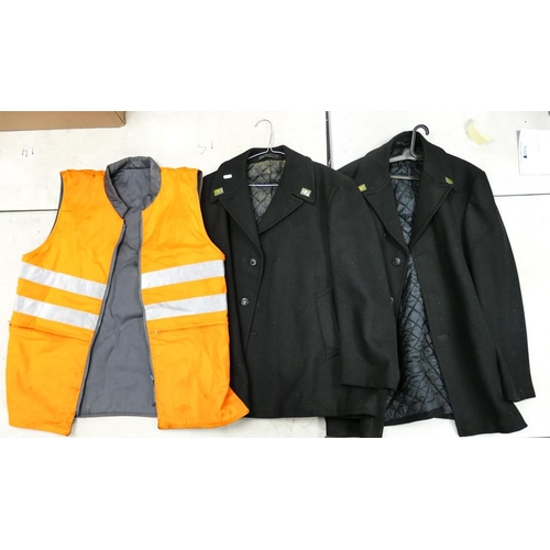 533Y - Two British Rail Drivers Overcoats together with a Hi-Vis Vest (3)