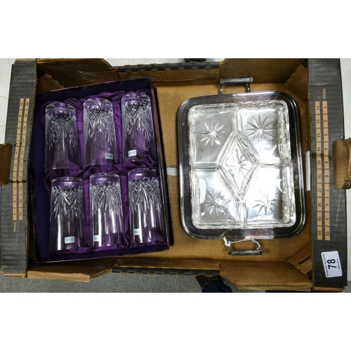 78 - Boxed Set of Scott Crystal Double Tumblers & C W Fletcher & Sons silver plate entree dish