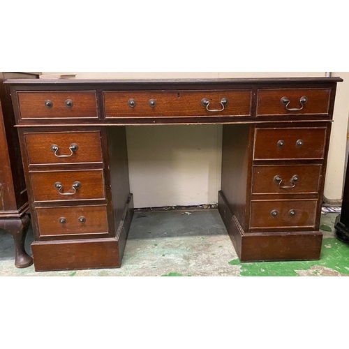 645 - Reproduction Mahogany Pedestal Writing Desk with Green leather top 122w x 61cm D x 76cm H