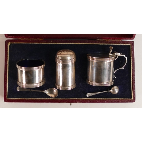 694 - Silver 3 piece silver cruet set, cased, weighable silver 192g