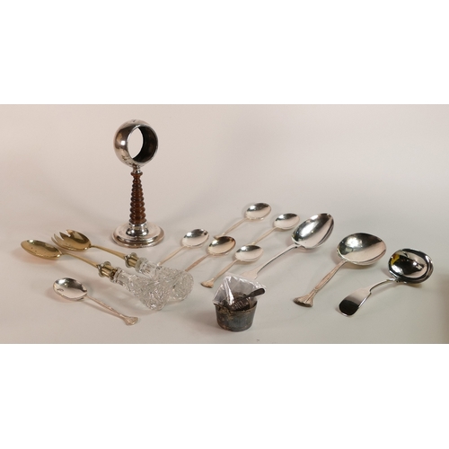 698 - Small box of silver & silver plated items, includes hallmarked silver & wooden desk clock stand, mov... 