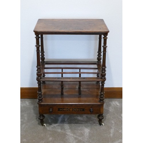 445 - Victorian walnut venered Canterbury whatnot, H 89cm x w 59cm x d 40cm.