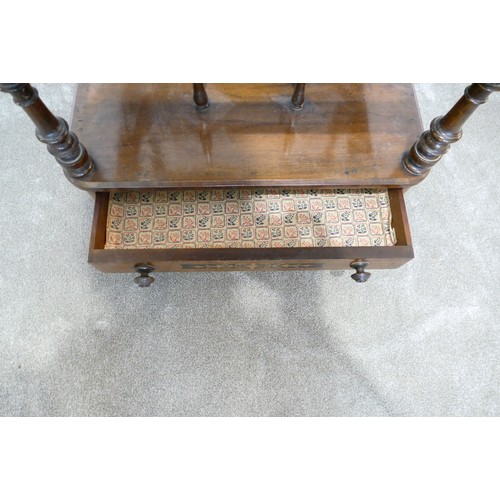 445 - Victorian walnut venered Canterbury whatnot, H 89cm x w 59cm x d 40cm.