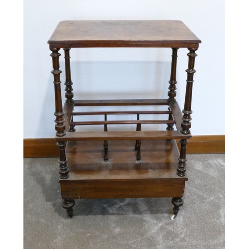 445 - Victorian walnut venered Canterbury whatnot, H 89cm x w 59cm x d 40cm.