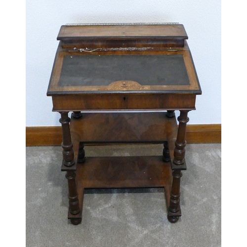 446 - Victorian walnut inlaid davenport ladies desk, h 79cm x w 52cm x d 42cm