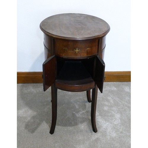 447 - Academy mahogany oval floor standing wind up 78 RPM record player, 80 cm high.