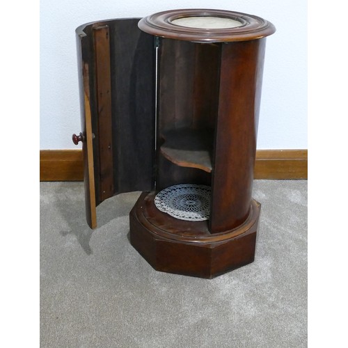 448 - Mahogany circular pot cupboard with marble top, 72 cm high.