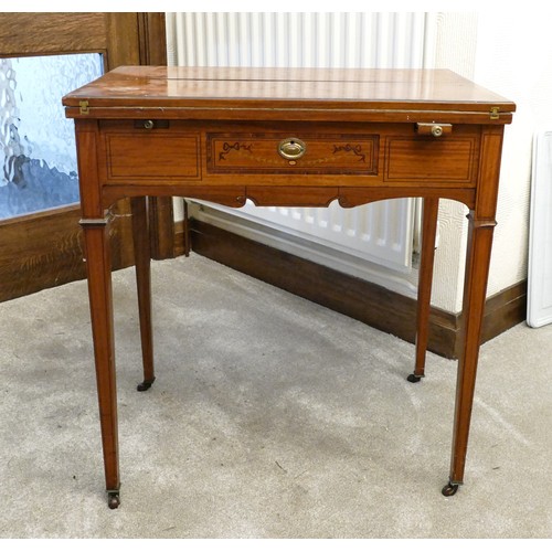 482 - Edwardian or earlier inlaid satinwood games table, h 72cm x w 69cm x d 46cm appx.