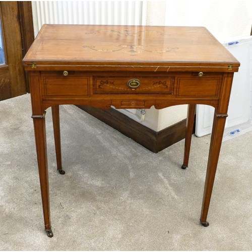 482 - Edwardian or earlier inlaid satinwood games table, h 72cm x w 69cm x d 46cm appx.