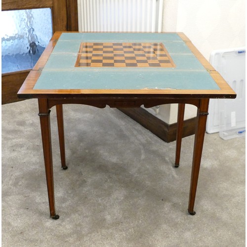 482 - Edwardian or earlier inlaid satinwood games table, h 72cm x w 69cm x d 46cm appx.