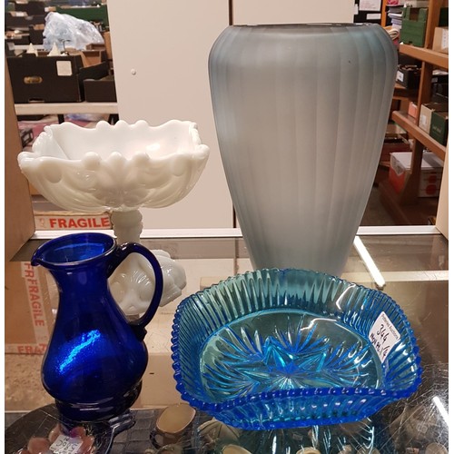 344 - Four Glass Items to include a Ribbed Art Glass Vase with Ground Pontil Mark, Milk Glass Comport, Blu... 