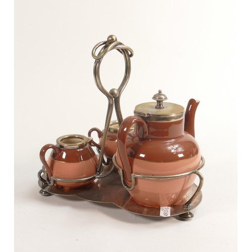 85 - Carlton blush ware metal mounted tea for one service, with two tone pink block decoration, by Wiltsh... 