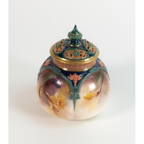 92 - Royal Worcester Hadley pot pourri pot, decorated with flowers, height 10cm, damage to internal lid