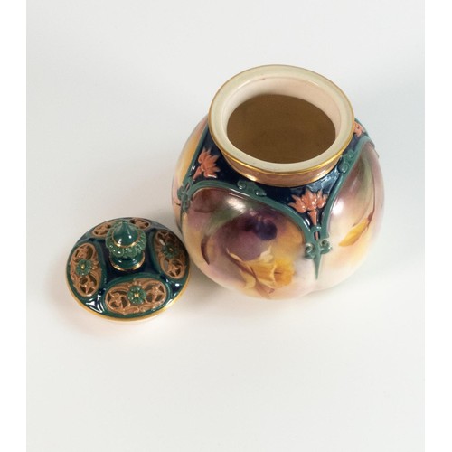 92 - Royal Worcester Hadley pot pourri pot, decorated with flowers, height 10cm, damage to internal lid