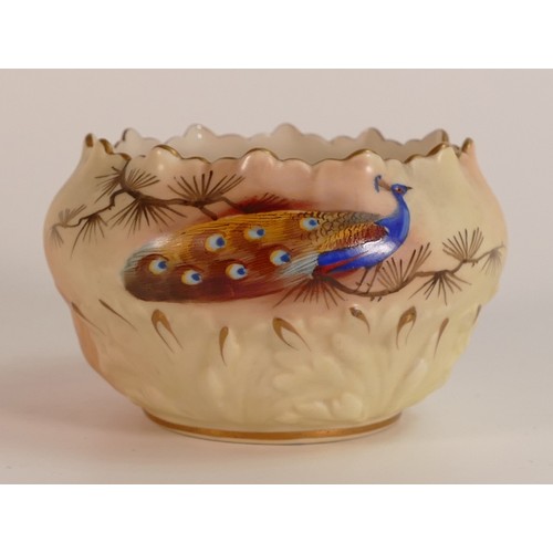 93 - Locke & Co. Worcester Blush Ivory small jug & bowl decorated with peacock in landscape, height 6.5cm