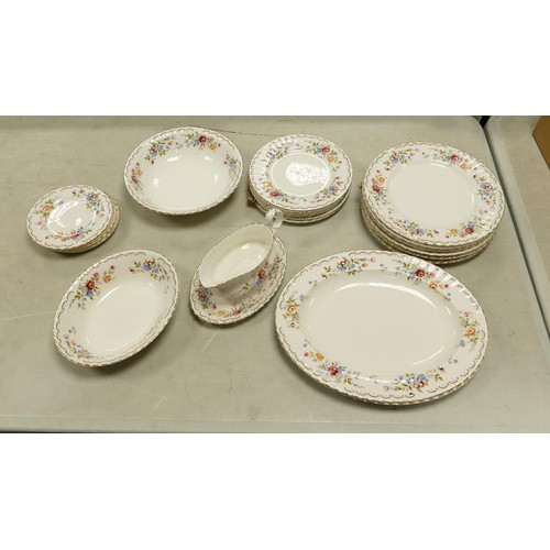 56 - Royal Albert Jubilee Rose pattern dinner ware to include six dinner plates, six salad plates, six si... 