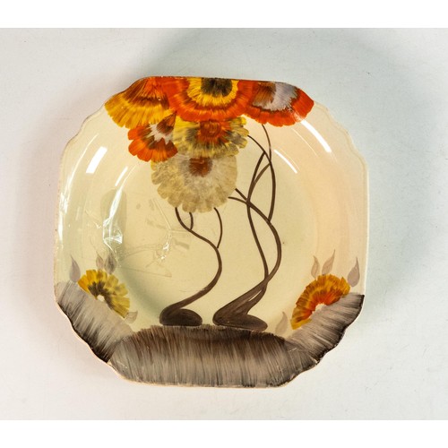 102 - Clarice Cliff shallow bowl in 'Rhodanthe' pattern, hand painted in brown and orange shades depicting... 