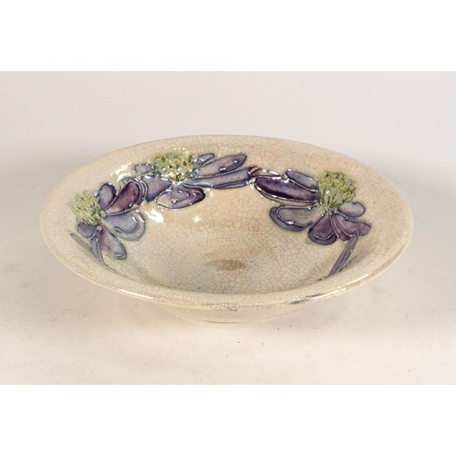 203 - Lise B. Moorcroft small dish 2013 Artic Flower decoration, chip to rim, diameter 15.5cm