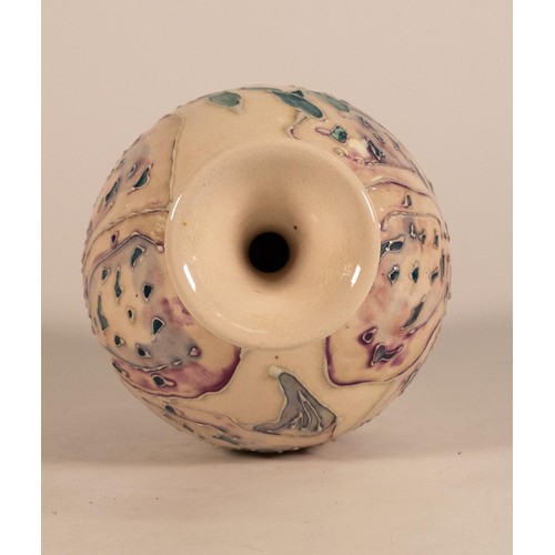 204 - Lise B. Moorcroft hand thrown vase with lilac & aqua decoration, dated 2002, diameter 17cm